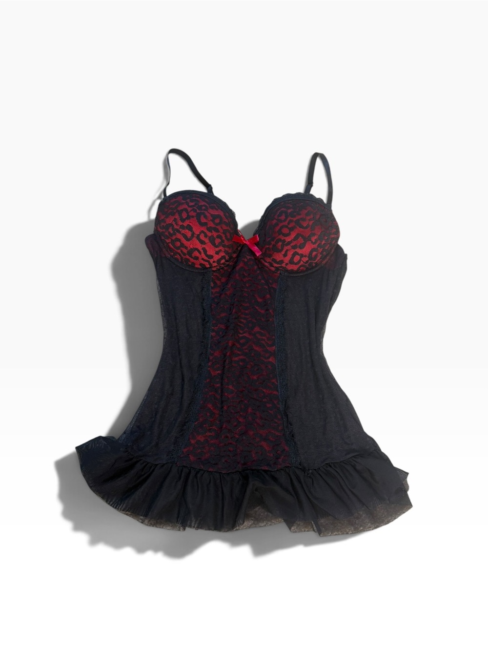 Black & Red Lace Bustier Chemise with Bow Accent